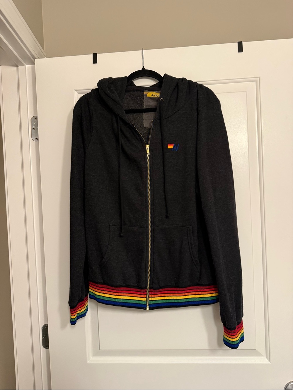 Aviator Nation Black Zip Hoodie with Rainbow Trim